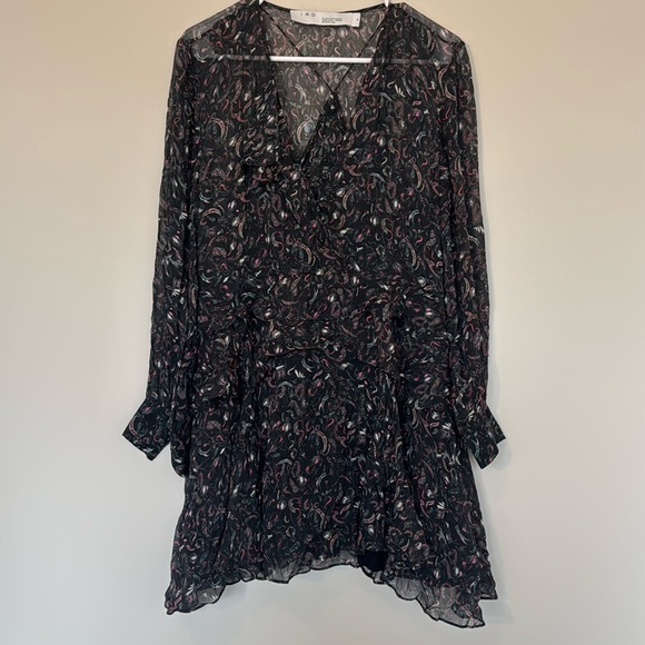 IRO Honess Long Sleeve Ruffle Mini Dress in Patterned Black - 6 - Picture 2 of 5